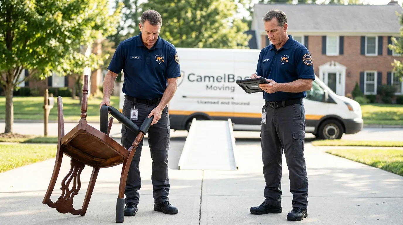 Movers inspecting furniture for damage prevention before loading in Clayton, NJ