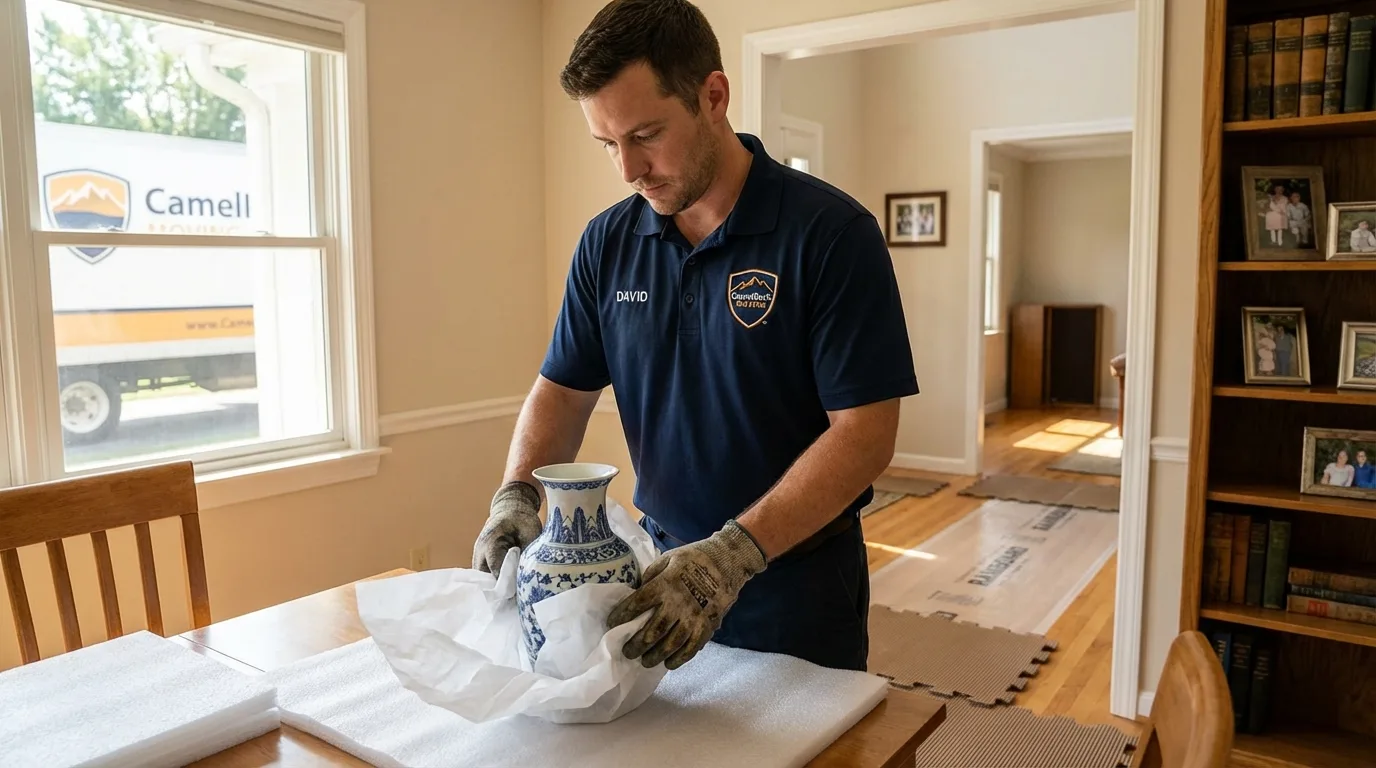 Professional crew carefully wrapping antique vase for senior downsizing move in Clayton, NJ