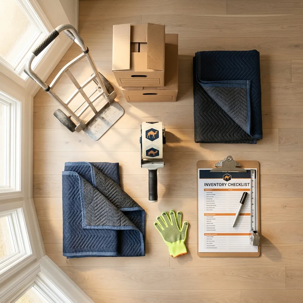 Professional moving supplies and packing materials layout for Clayton residential relocations